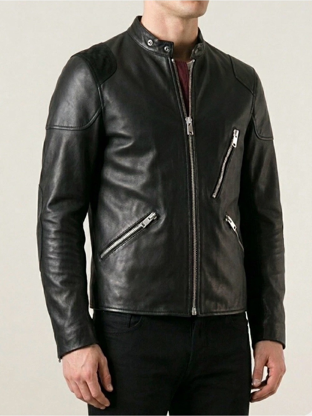 Acne Black Leather Jacket with Buckle Details